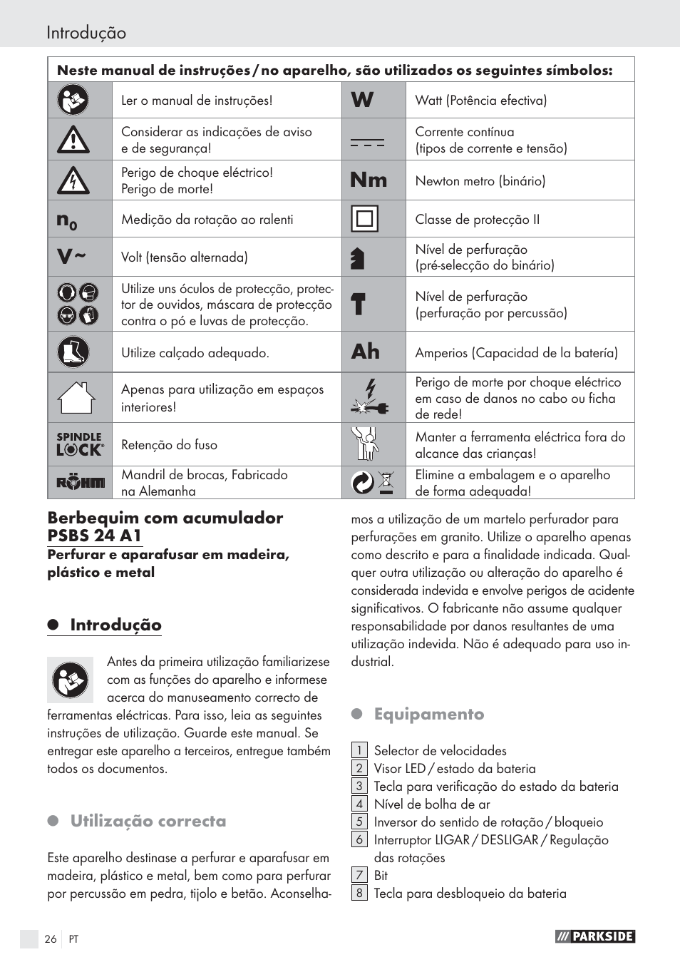 Introdução | Parkside PSBS 24 A1 User Manual | Page 26 / 55