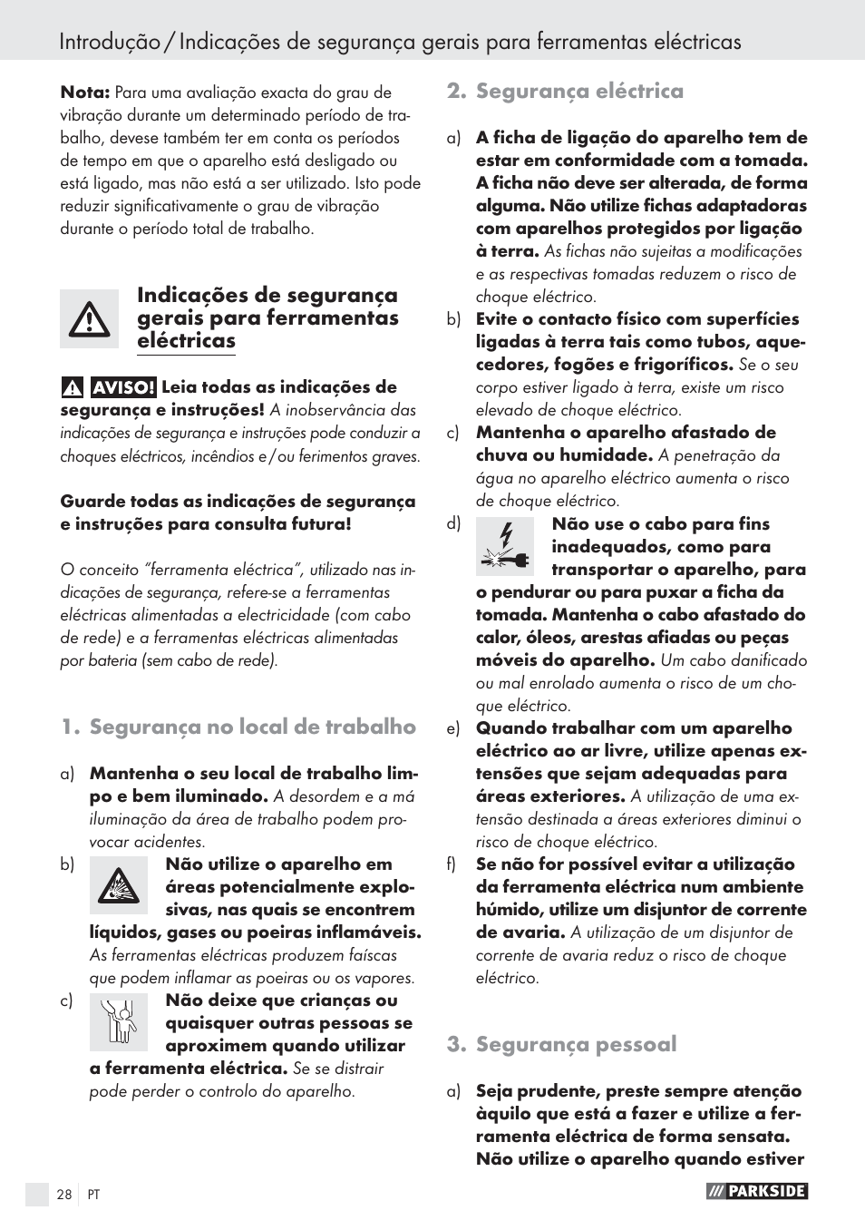Segurança no local de trabalho, Segurança eléctrica, Segurança pessoal | Parkside PSBS 24 A1 User Manual | Page 28 / 55