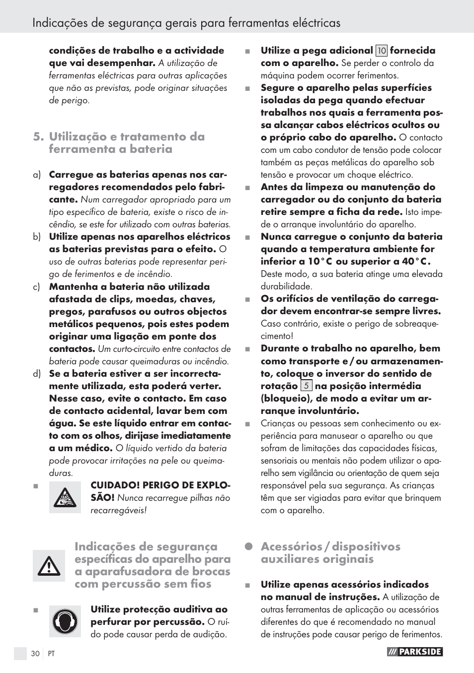 Utilização e tratamento da ferramenta a bateria, Acessórios / dispositivos auxiliares originais | Parkside PSBS 24 A1 User Manual | Page 30 / 55