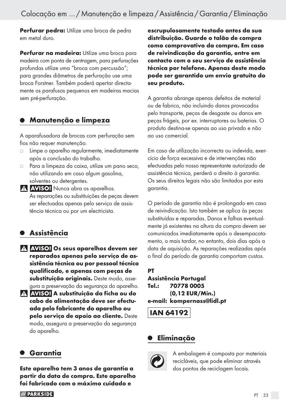 Manutenção e limpeza, Assistência, Garantia | Eliminação | Parkside PSBS 24 A1 User Manual | Page 33 / 55