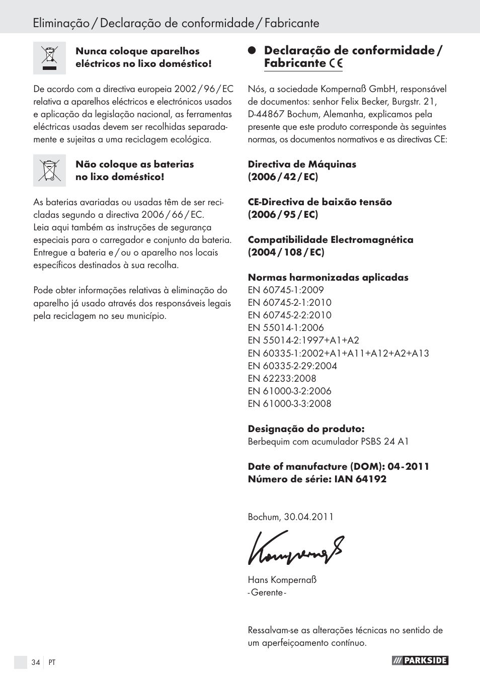 Declaração de conformidade / fabricante | Parkside PSBS 24 A1 User Manual | Page 34 / 55