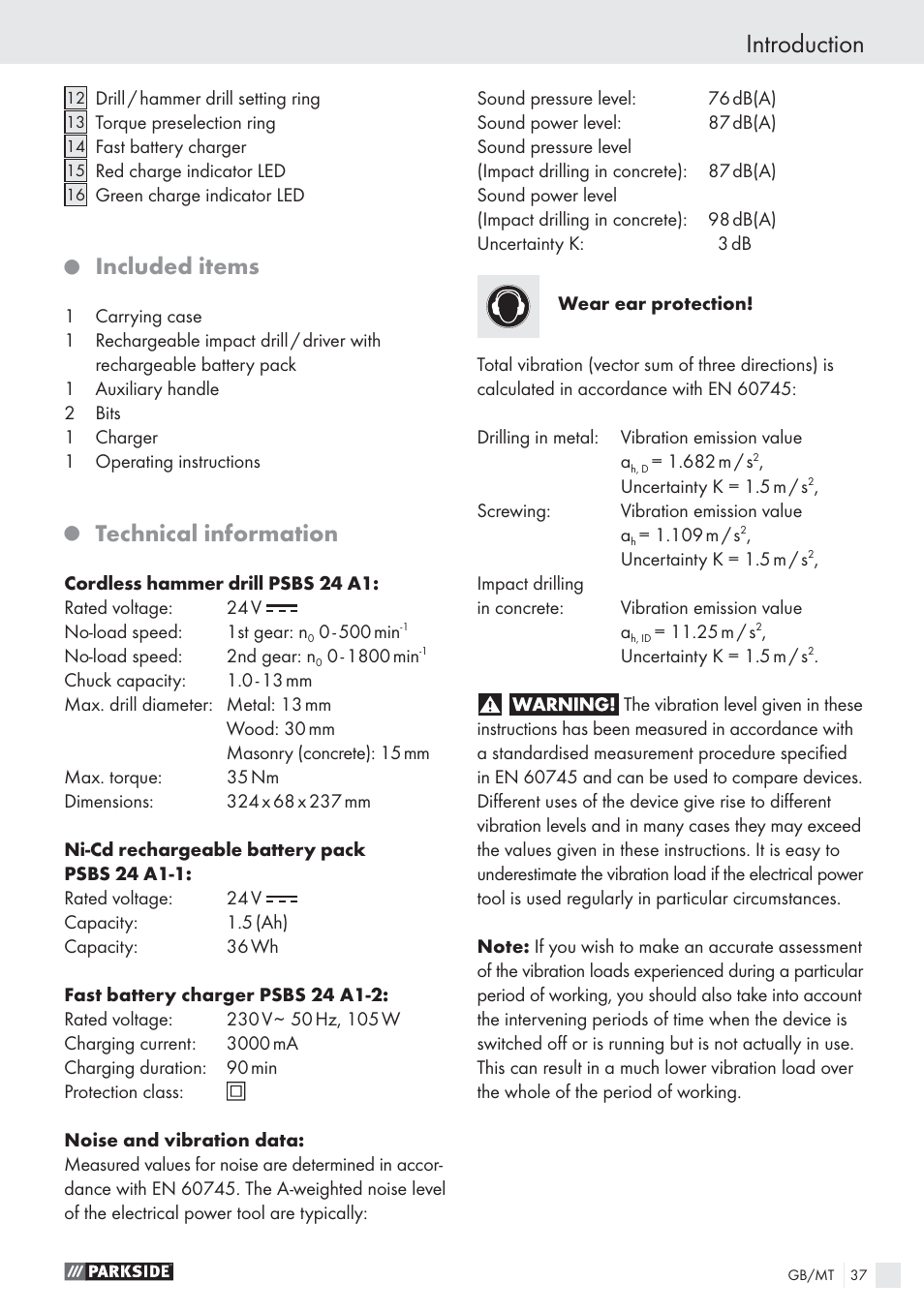 Introduction, Included items, Technical information | Parkside PSBS 24 A1 User Manual | Page 37 / 55