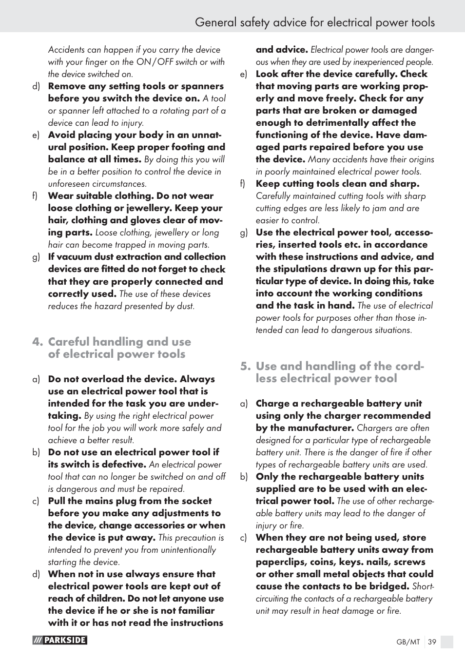 General safety advice for electrical power tools, Careful handling and use of electrical power tools | Parkside PSBS 24 A1 User Manual | Page 39 / 55