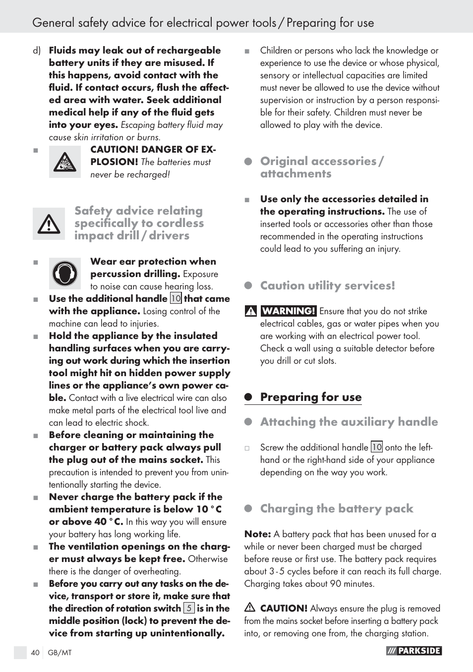 Original accessories / attachments, Caution utility services, Preparing for use | Attaching the auxiliary handle, Charging the battery pack | Parkside PSBS 24 A1 User Manual | Page 40 / 55