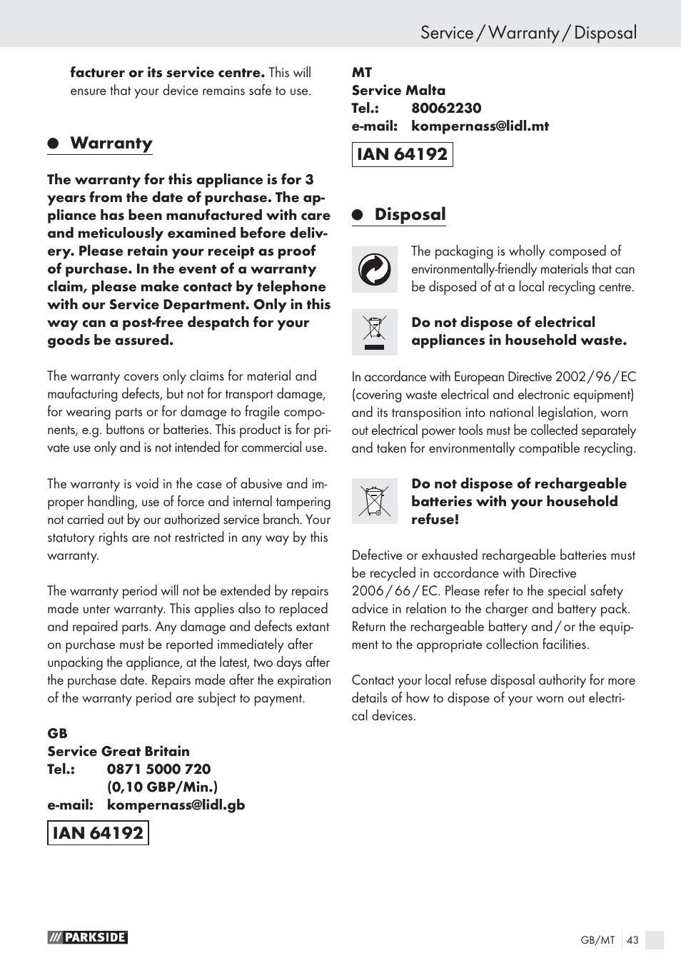 Service / warranty / disposal, Warranty, Disposal | Parkside PSBS 24 A1 User Manual | Page 43 / 55