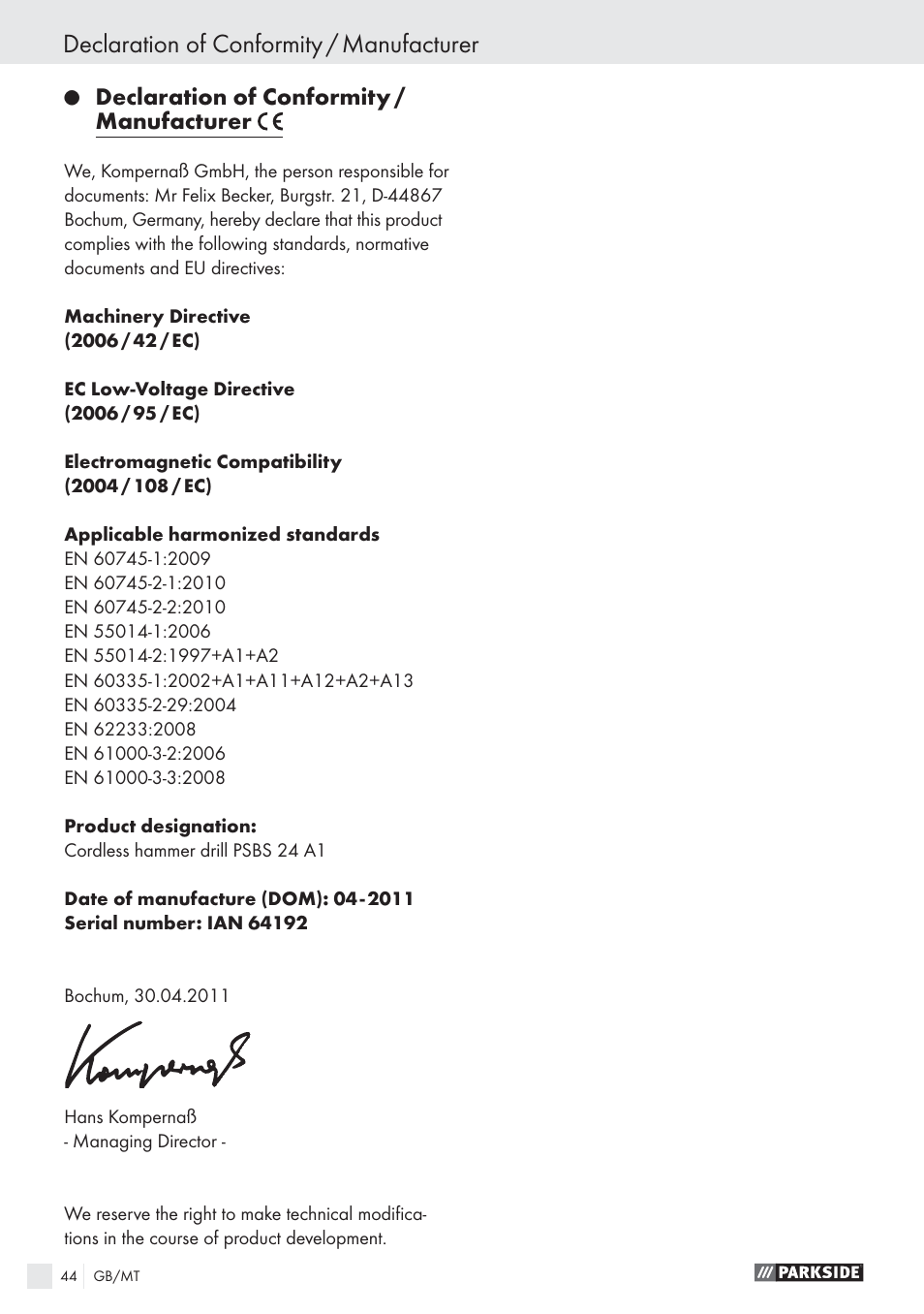 Declaration of conformity / manufacturer | Parkside PSBS 24 A1 User Manual | Page 44 / 55