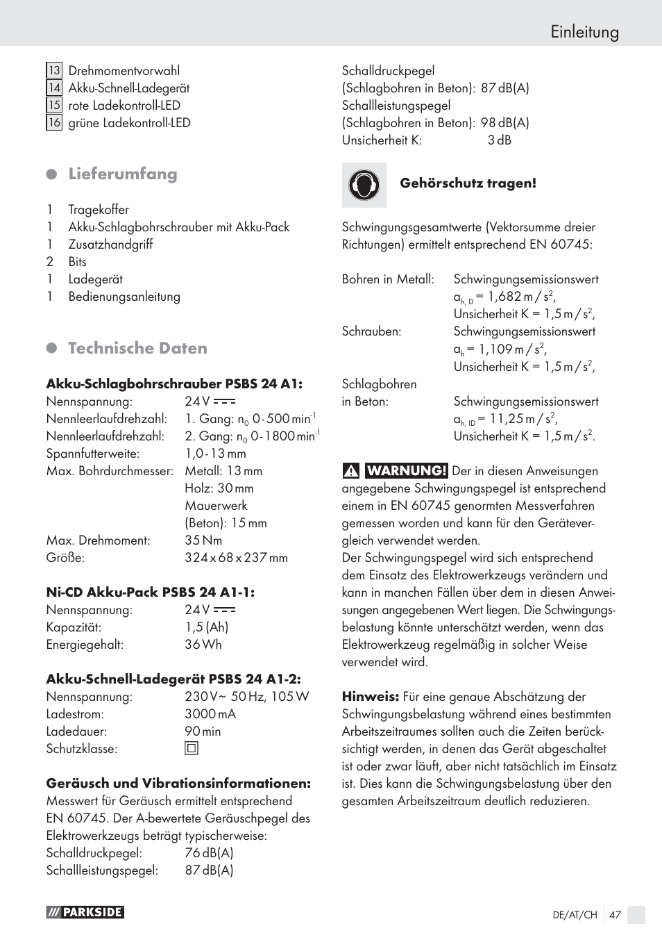 Einleitung, Lieferumfang, Technische daten | Parkside PSBS 24 A1 User Manual | Page 47 / 55