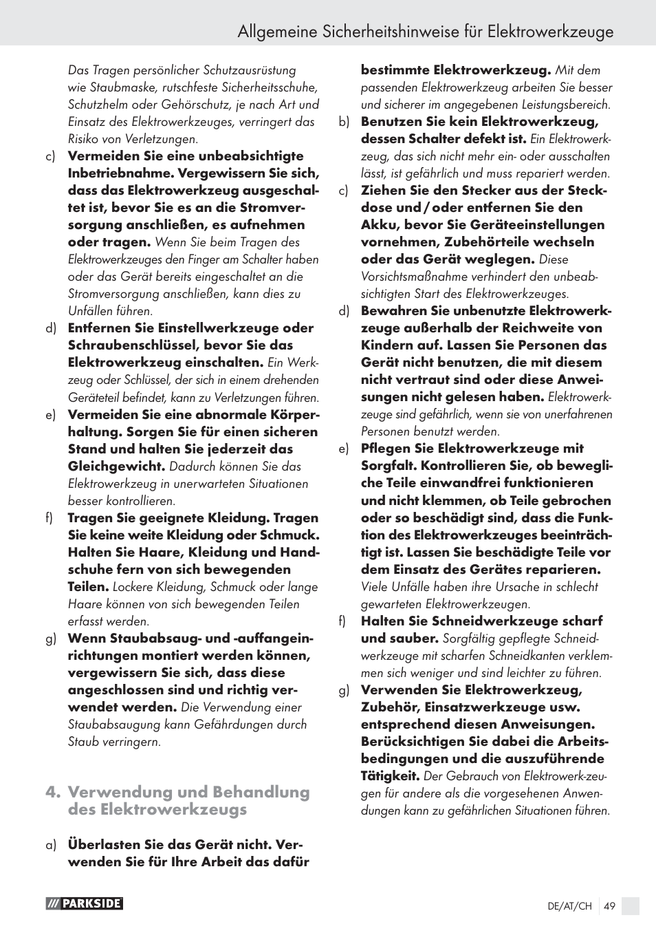 Verwendung und behandlung des elektrowerkzeugs | Parkside PSBS 24 A1 User Manual | Page 49 / 55