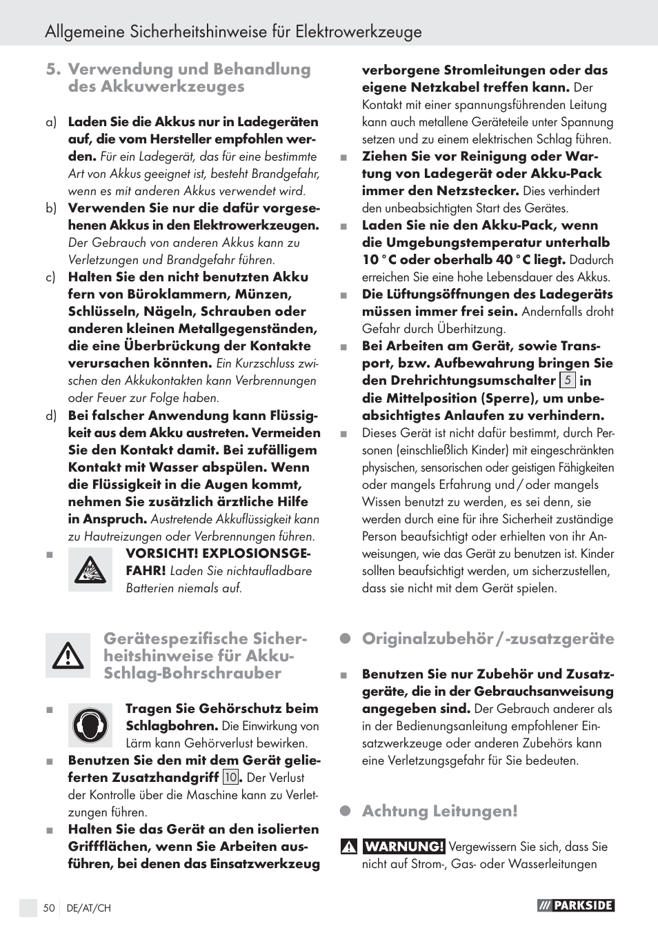 Verwendung und behandlung des akkuwerkzeuges, Originalzubehör / -zusatzgeräte, Achtung leitungen | Parkside PSBS 24 A1 User Manual | Page 50 / 55