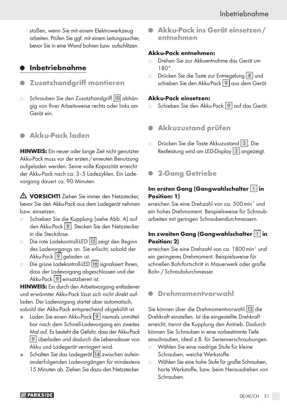 Inbetriebnahme, Zusatzhandgriﬀ montieren, Akku-pack laden | Akku-pack ins gerät einsetzen / entnehmen, Akkuzustand prüfen, Gang getriebe, Drehmomentvorwahl | Parkside PSBS 24 A1 User Manual | Page 51 / 55