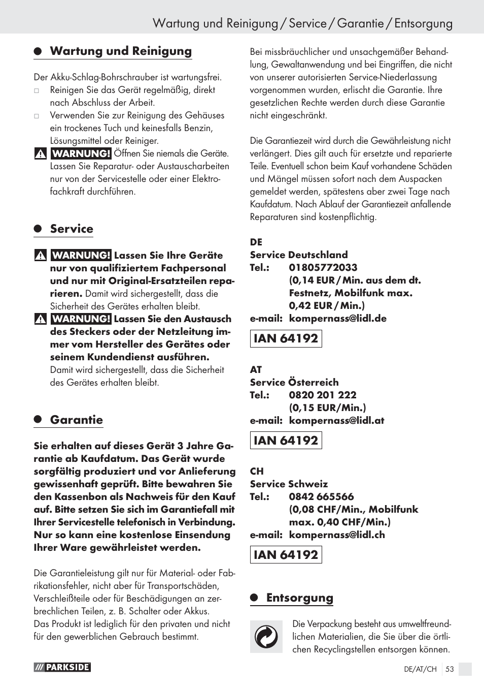 Wartung und reinigung, Service, Garantie | Entsorgung | Parkside PSBS 24 A1 User Manual | Page 53 / 55