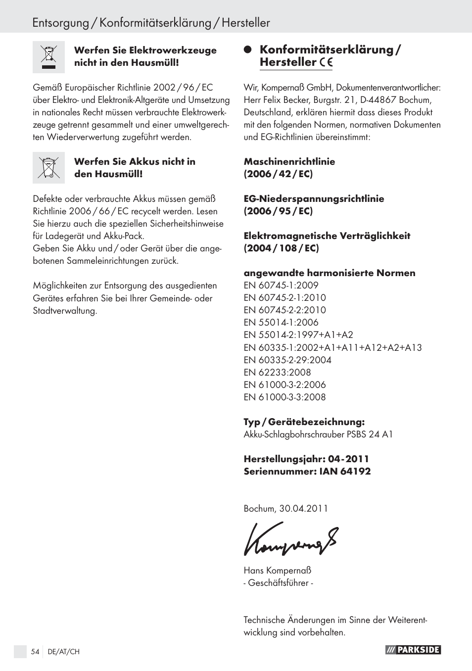 Entsorgung / konformitätserklärung / hersteller, Konformitätserklärung / hersteller | Parkside PSBS 24 A1 User Manual | Page 54 / 55