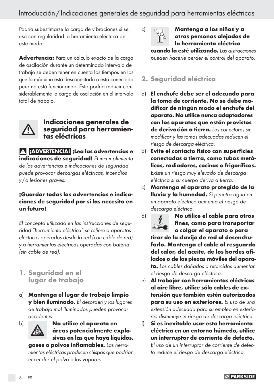 Seguridad en el lugar de trabajo, Seguridad eléctrica | Parkside PSBS 24 A1 User Manual | Page 8 / 55