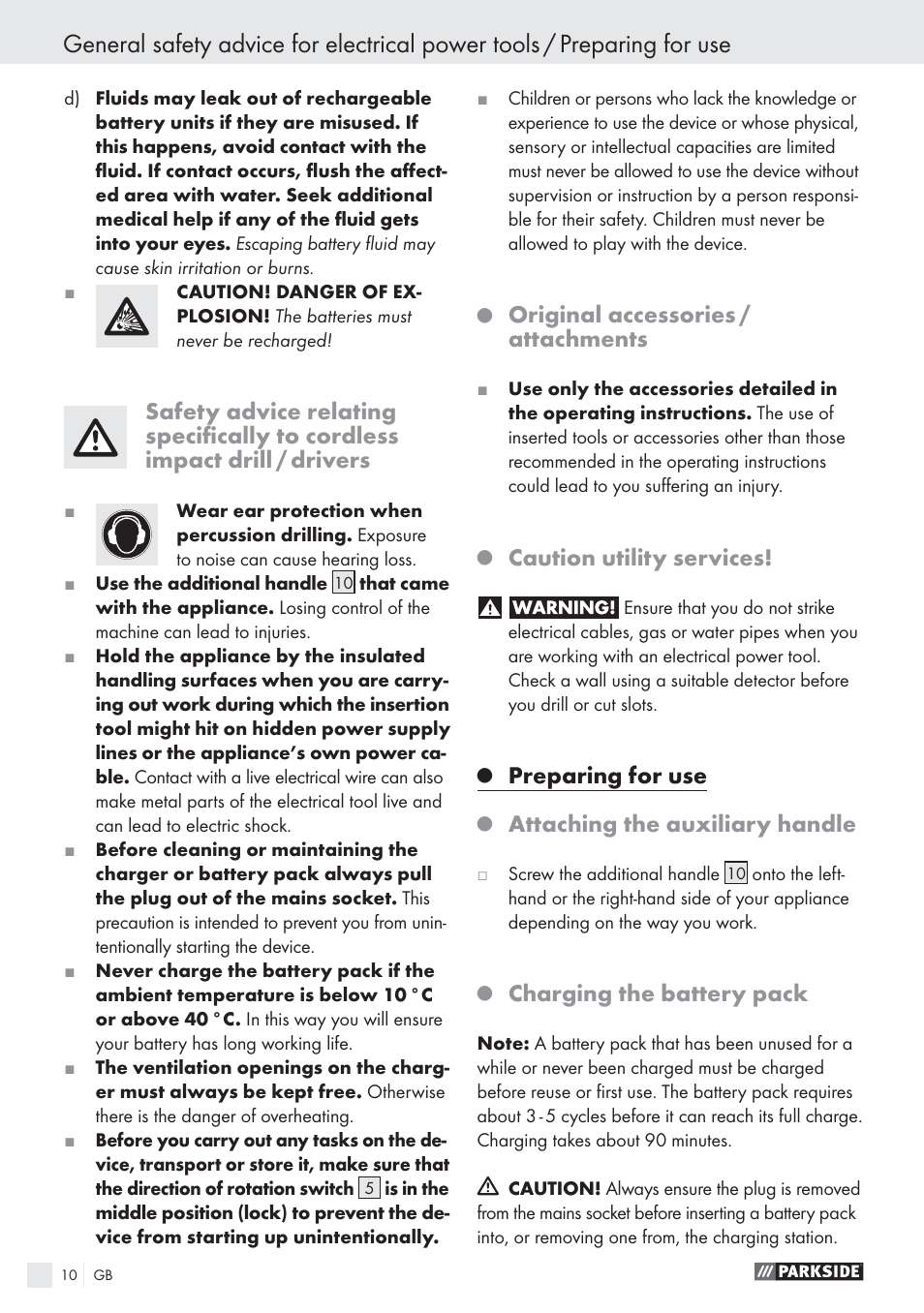 Original accessories / attachments, Caution utility services, Preparing for use | Attaching the auxiliary handle, Charging the battery pack | Parkside PSBS 24 A1 User Manual | Page 10 / 79