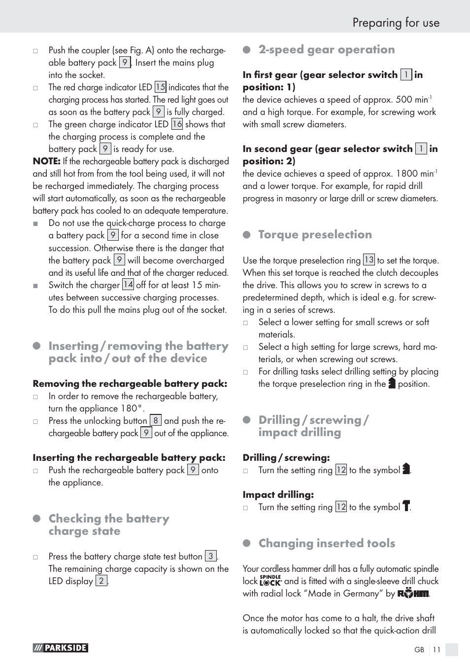 Preparing for use, Checking the battery charge state, Speed gear operation | Torque preselection, Drilling / screwing / impact drilling, Changing inserted tools | Parkside PSBS 24 A1 User Manual | Page 11 / 79