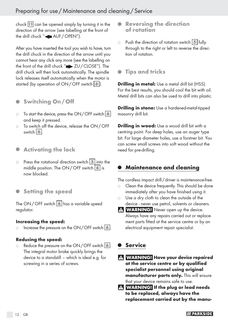 Switching on / oﬀ, Activating the lock, Setting the speed | Reversing the direction of rotation, Tips and tricks, Maintenance and cleaning, Service | Parkside PSBS 24 A1 User Manual | Page 12 / 79
