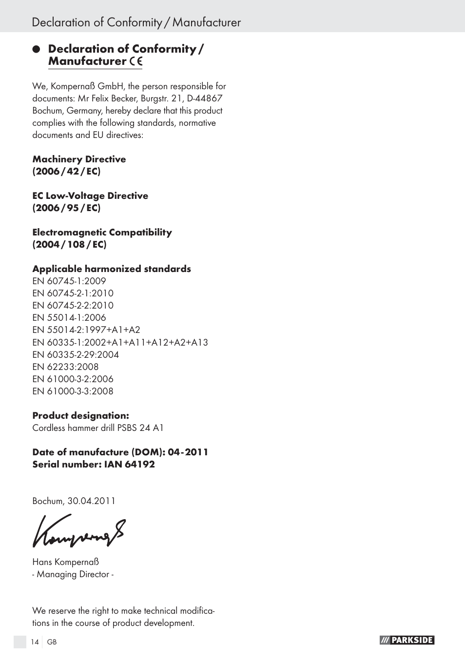 Declaration of conformity / manufacturer | Parkside PSBS 24 A1 User Manual | Page 14 / 79