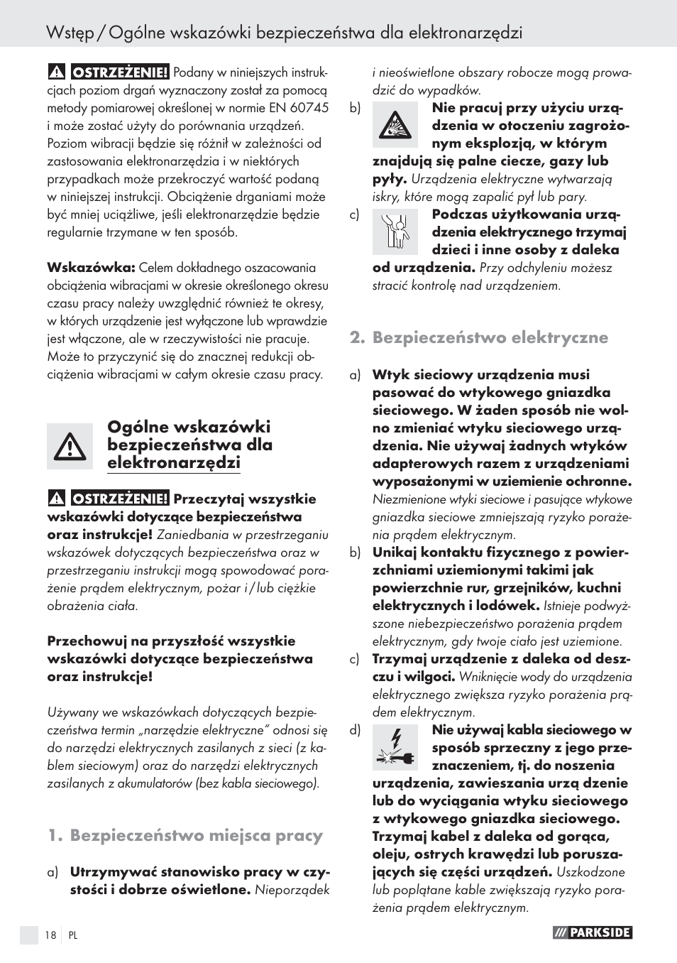 Bezpieczeństwo miejsca pracy, Bezpieczeństwo elektryczne | Parkside PSBS 24 A1 User Manual | Page 18 / 79