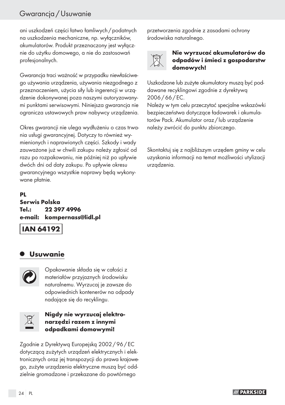 Gwarancja / usuwanie, Usuwanie | Parkside PSBS 24 A1 User Manual | Page 24 / 79