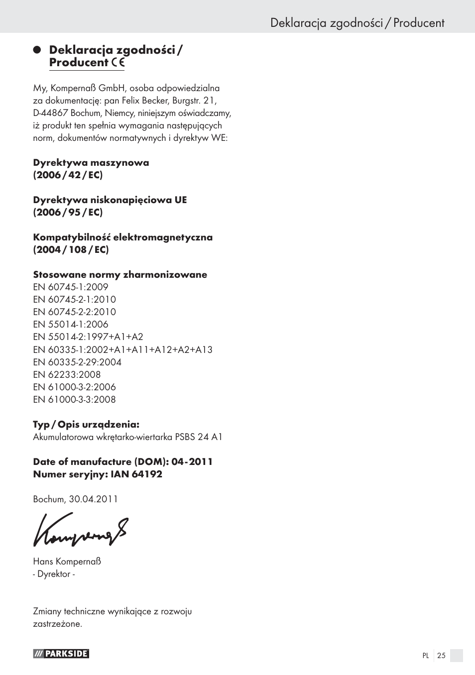 Deklaracja zgodności / producent | Parkside PSBS 24 A1 User Manual | Page 25 / 79