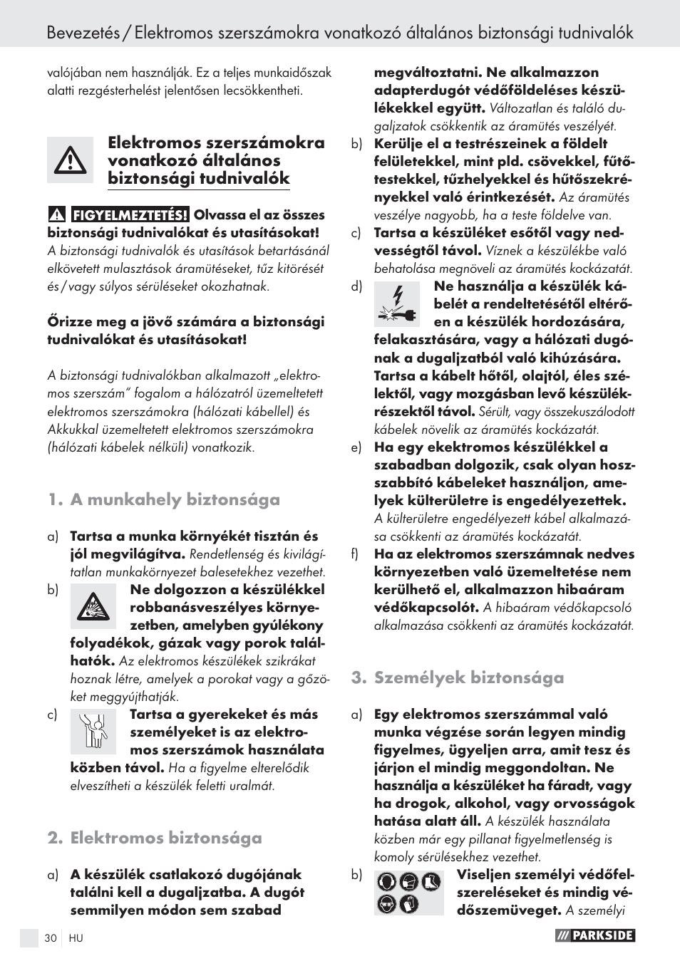A munkahely biztonsága, Elektromos biztonsága, Személyek biztonsága | Parkside PSBS 24 A1 User Manual | Page 30 / 79