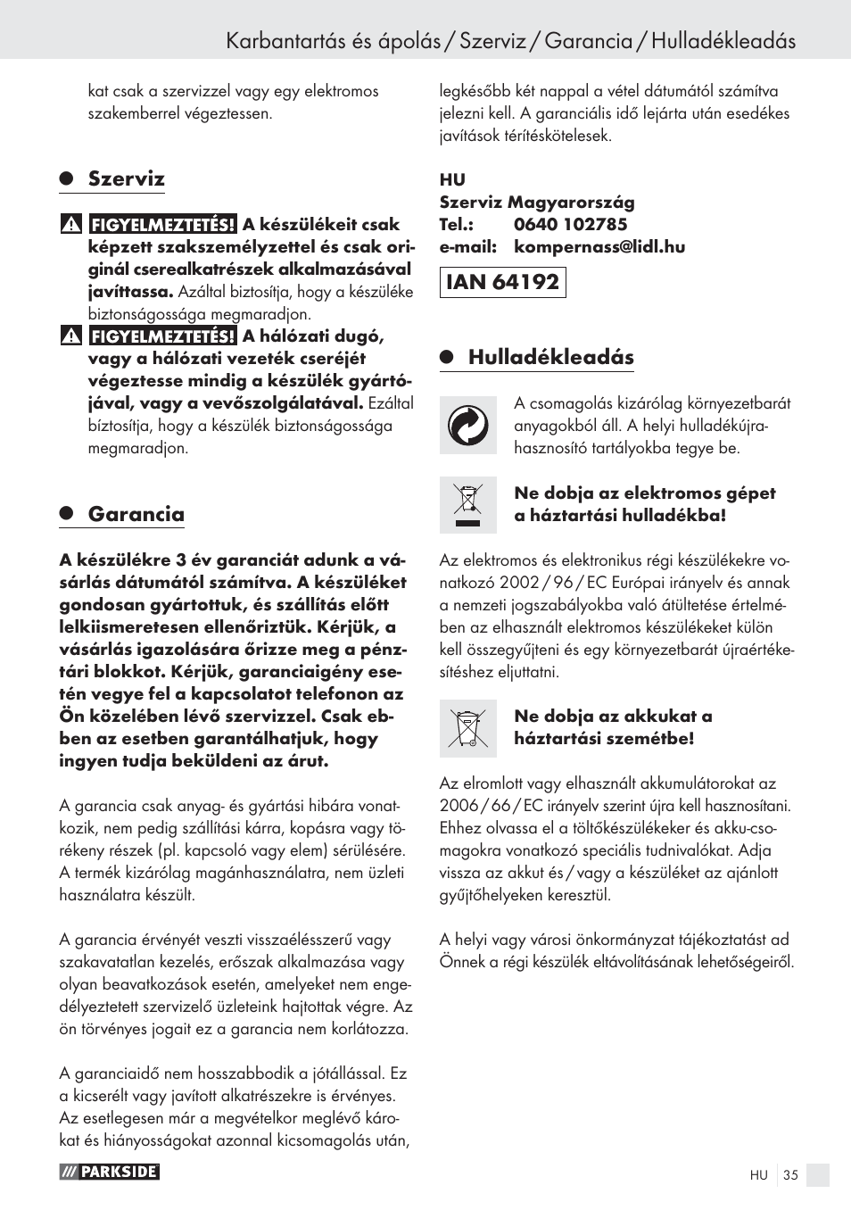 Szerviz, Garancia, Hulladékleadás | Parkside PSBS 24 A1 User Manual | Page 35 / 79