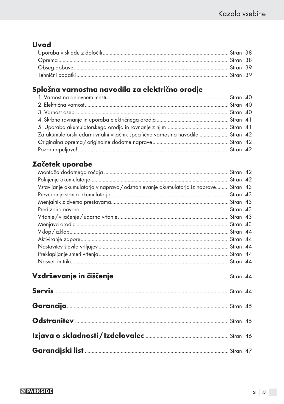 Kazalo vsebine | Parkside PSBS 24 A1 User Manual | Page 37 / 79