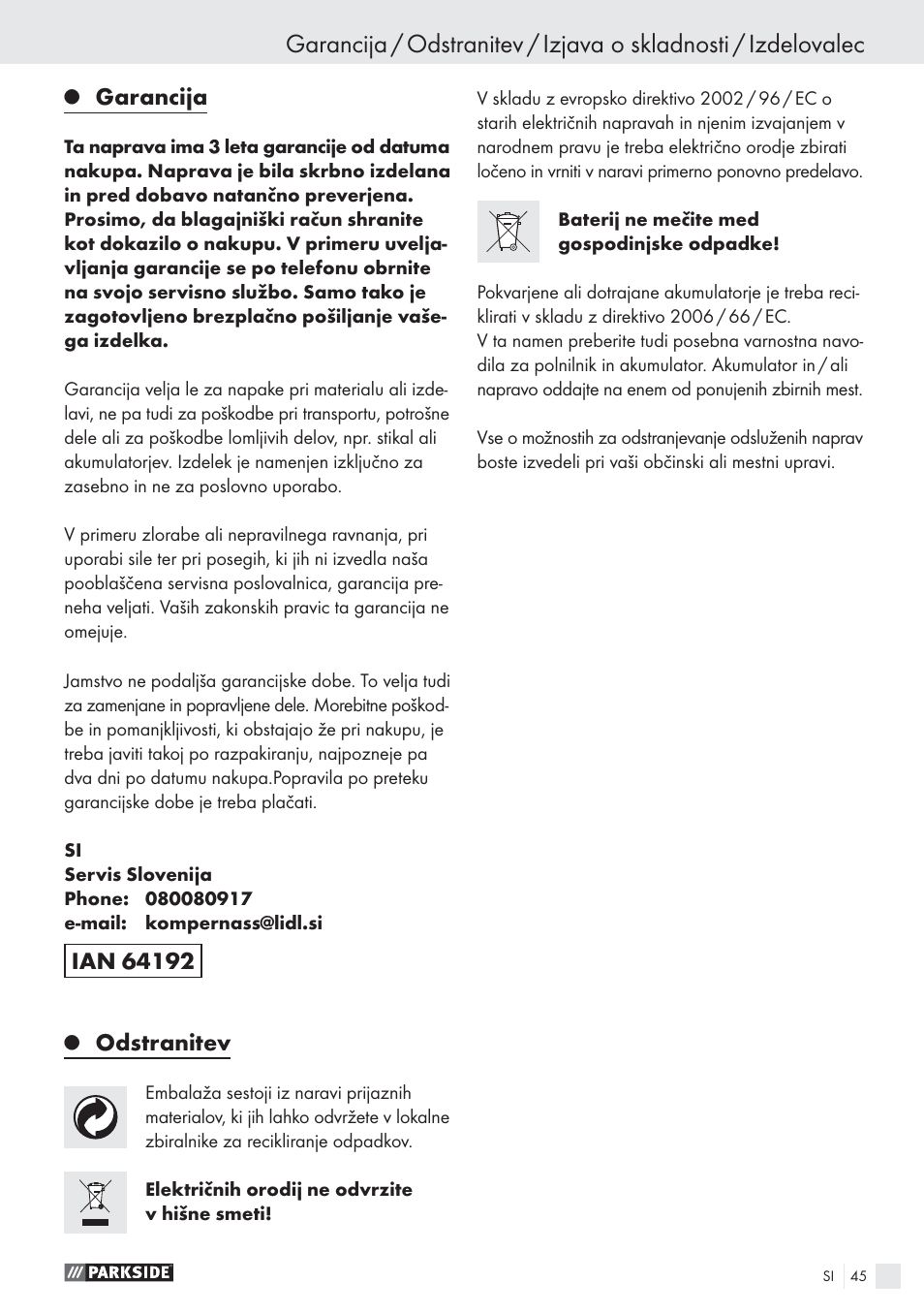 Garancija, Odstranitev | Parkside PSBS 24 A1 User Manual | Page 45 / 79