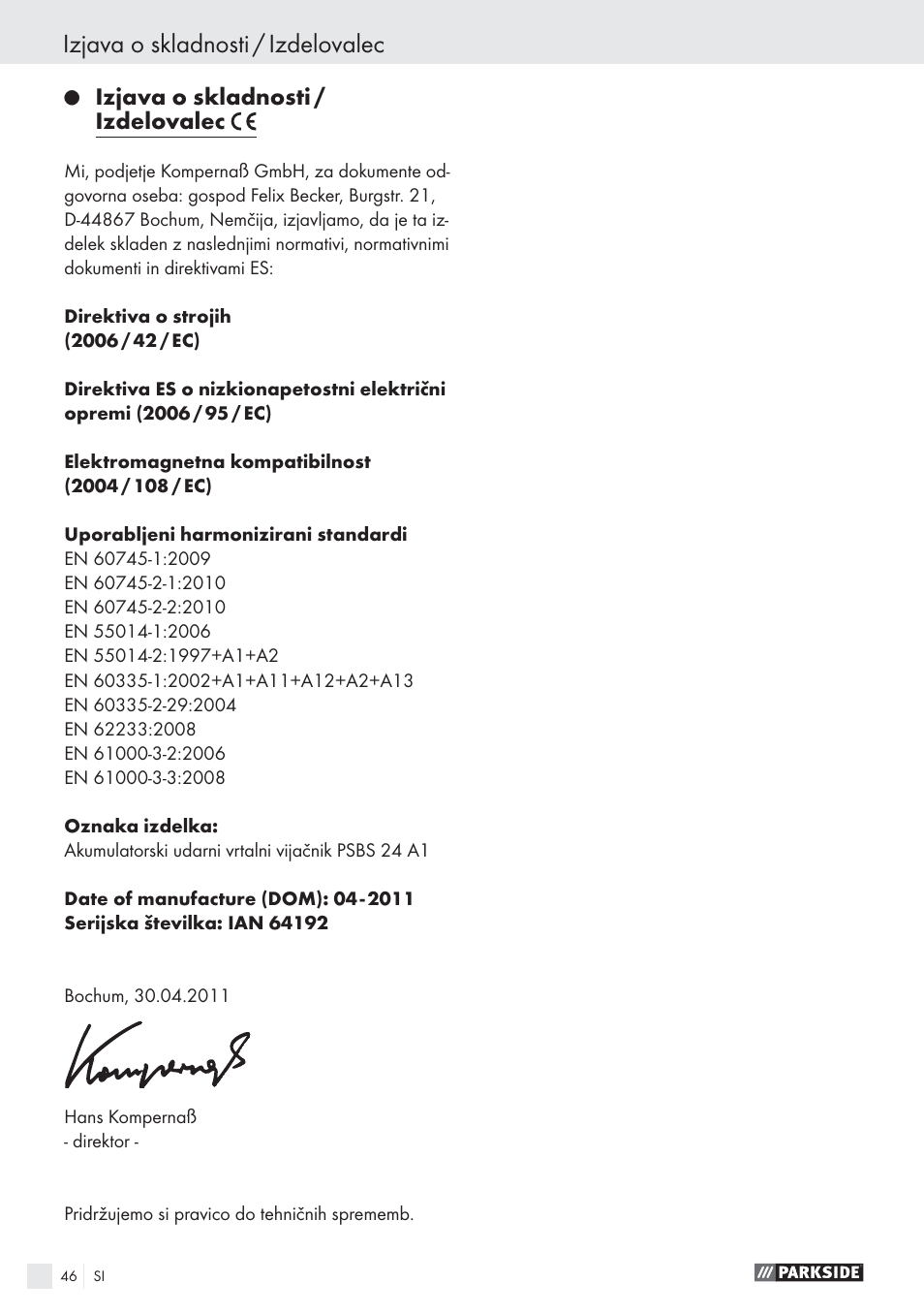 Izjava o skladnosti / izdelovalec | Parkside PSBS 24 A1 User Manual | Page 46 / 79