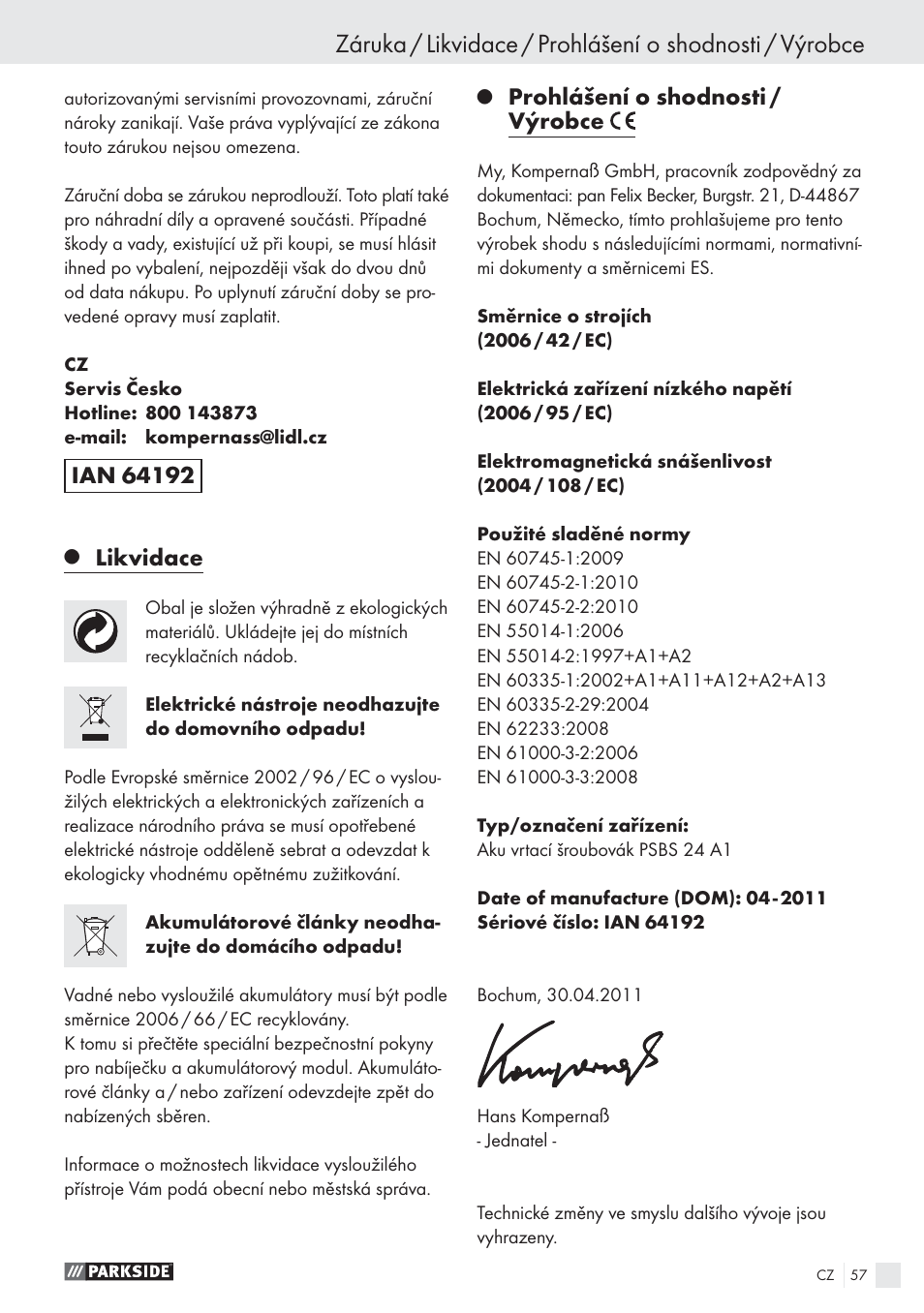 Likvidace, Prohlášení o shodnosti / výrobce | Parkside PSBS 24 A1 User Manual | Page 57 / 79