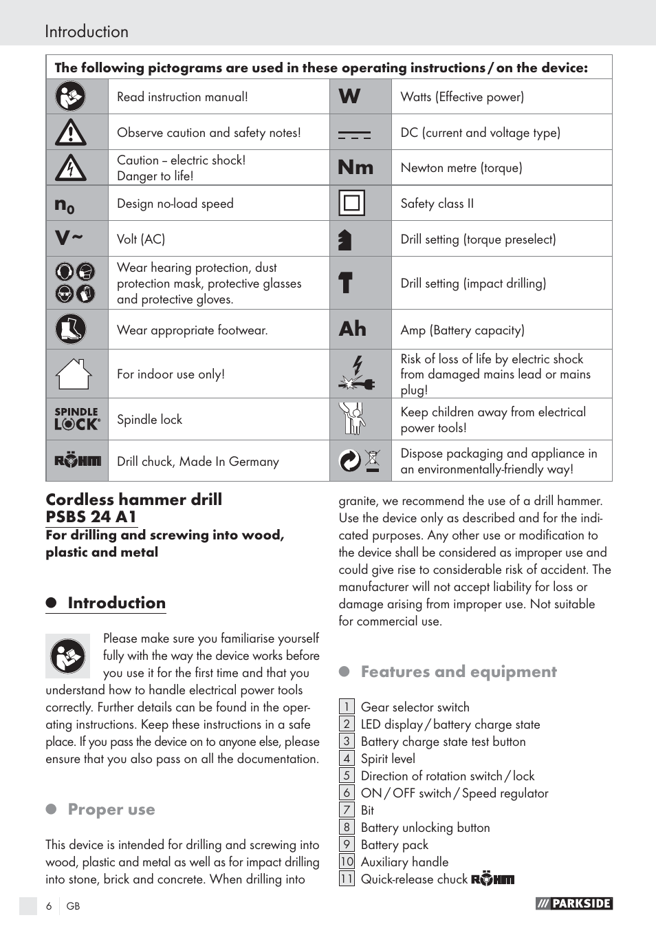 Introduction, Cordless hammer drill psbs 24 a1, Proper use | Features and equipment | Parkside PSBS 24 A1 User Manual | Page 6 / 79