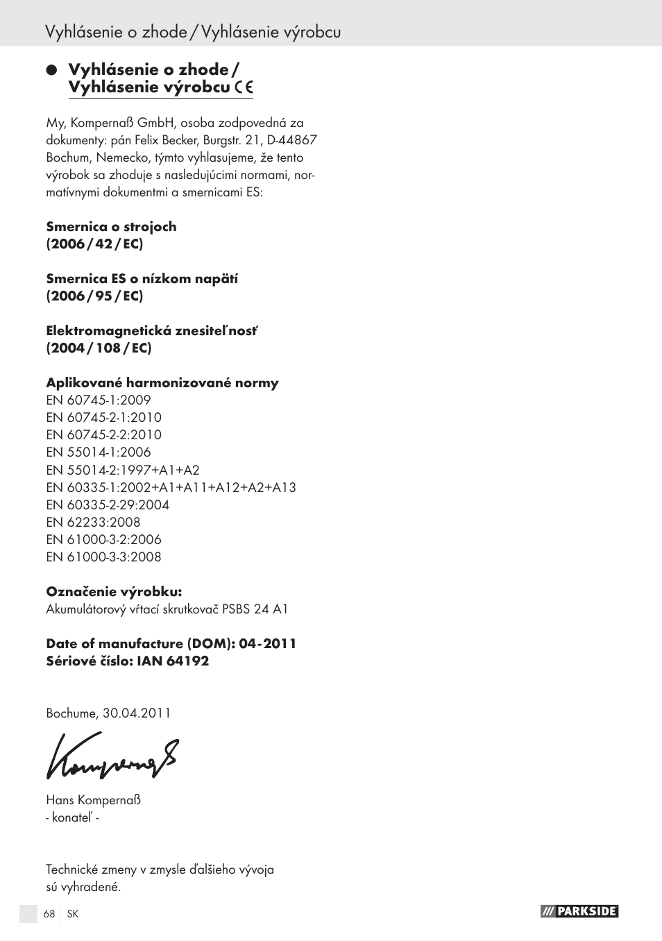 Vyhlásenie o zhode / vyhlásenie výrobcu | Parkside PSBS 24 A1 User Manual | Page 68 / 79