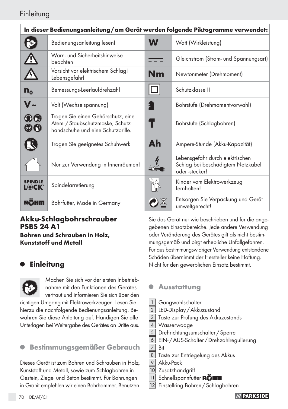 Einleitung, Akku-schlagbohrschrauber psbs 24 a1, Bestimmungsgemäßer gebrauch | Ausstattung | Parkside PSBS 24 A1 User Manual | Page 70 / 79