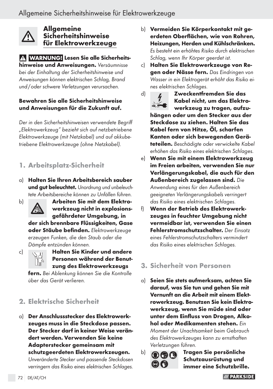 Arbeitsplatz-sicherheit, Elektrische sicherheit, Sicherheit von personen | Parkside PSBS 24 A1 User Manual | Page 72 / 79