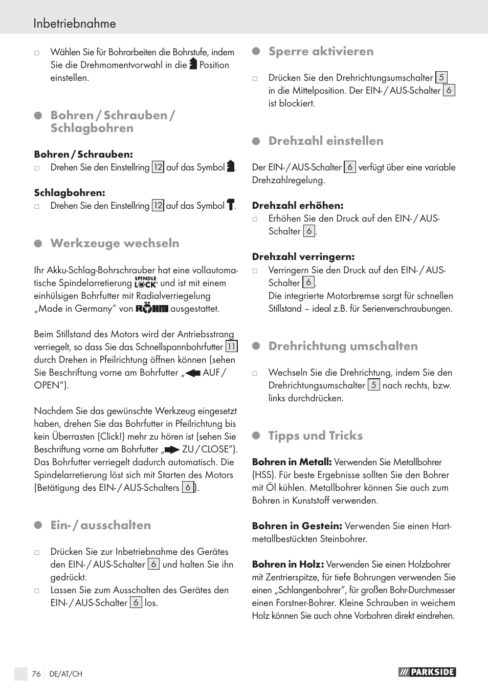 Inbetriebnahme, Bohren / schrauben / schlagbohren, Werkzeuge wechseln | Ein- / ausschalten, Sperre aktivieren, Drehzahl einstellen, Drehrichtung umschalten, Tipps und tricks | Parkside PSBS 24 A1 User Manual | Page 76 / 79