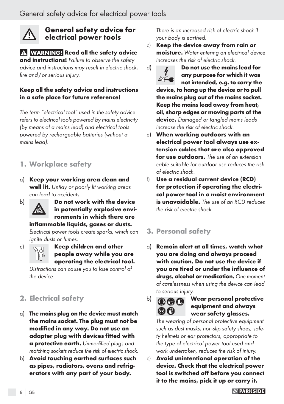 General safety advice for electrical power tools, Workplace safety, Electrical safety | Personal safety | Parkside PSBS 24 A1 User Manual | Page 8 / 79