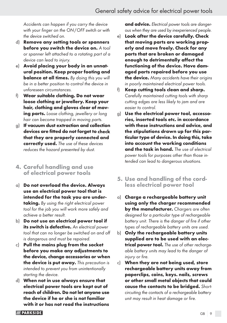 General safety advice for electrical power tools, Careful handling and use of electrical power tools | Parkside PSBS 24 A1 User Manual | Page 9 / 79