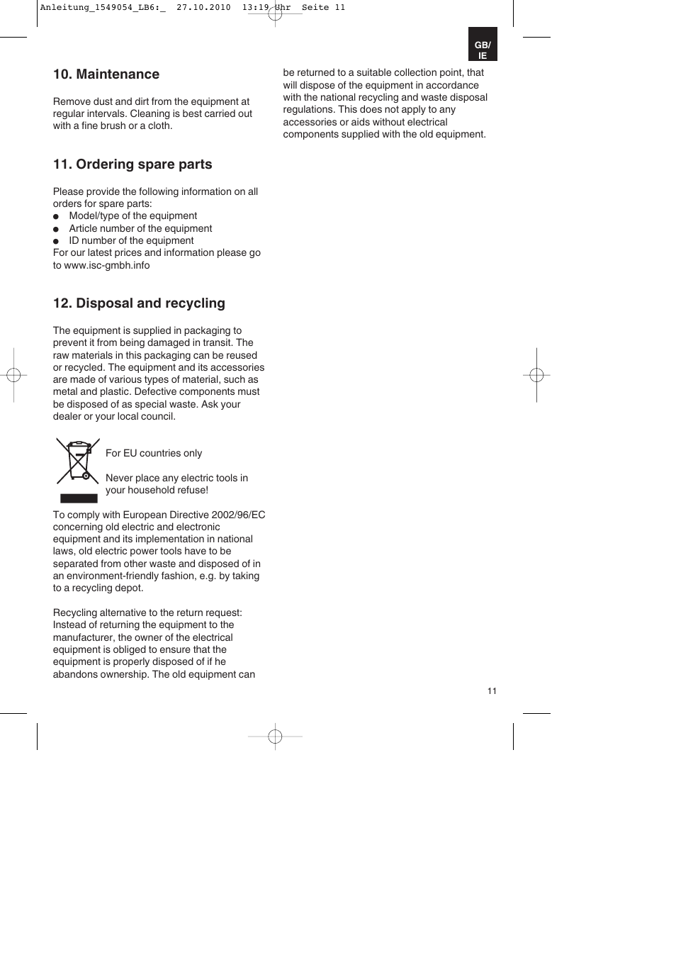 Maintenance, Ordering spare parts, Disposal and recycling | Parkside PESG 120 A1 User Manual | Page 11 / 16