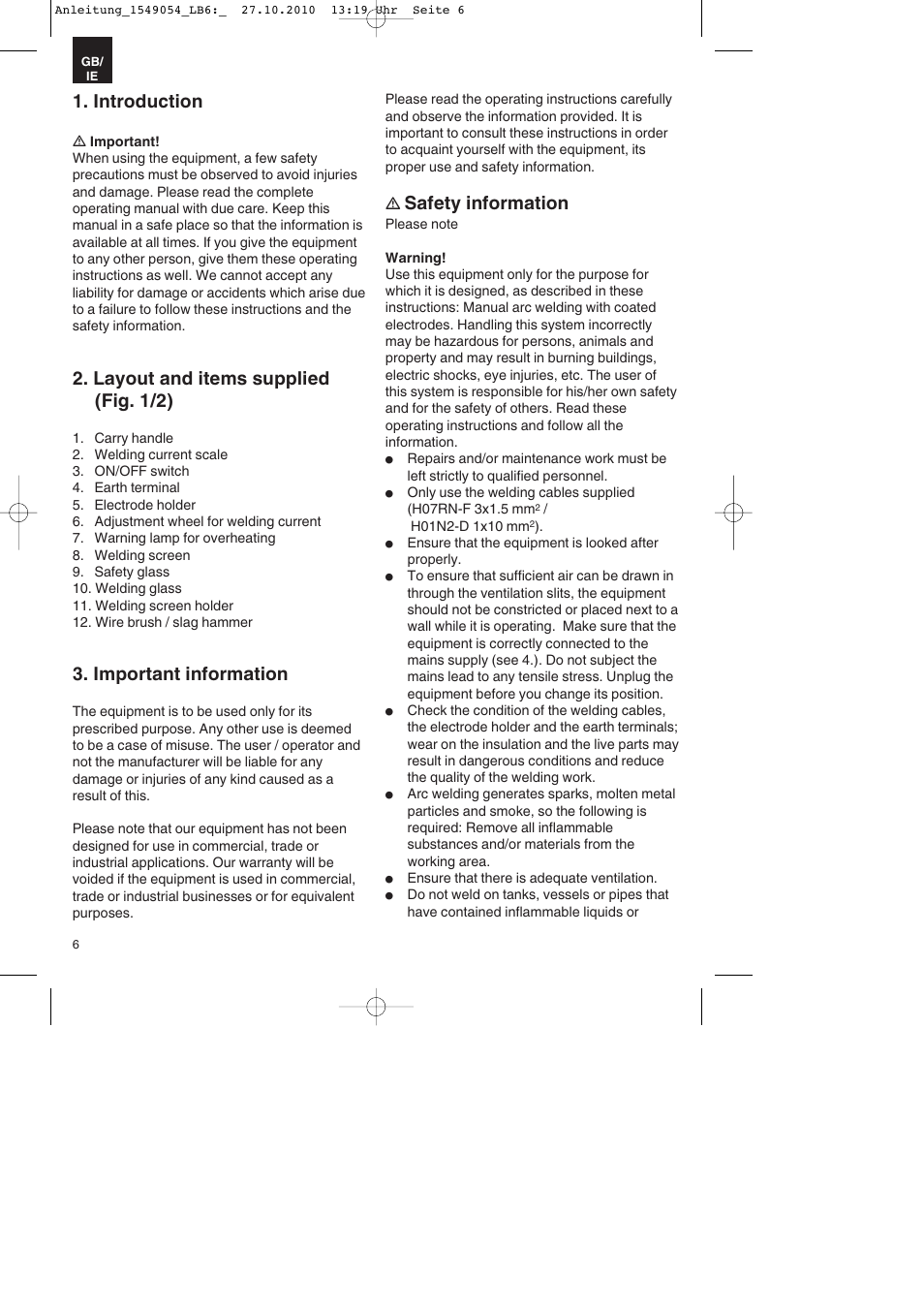 Introduction, Layout and items supplied (fig. 1/2), Important information | Safety information | Parkside PESG 120 A1 User Manual | Page 6 / 16