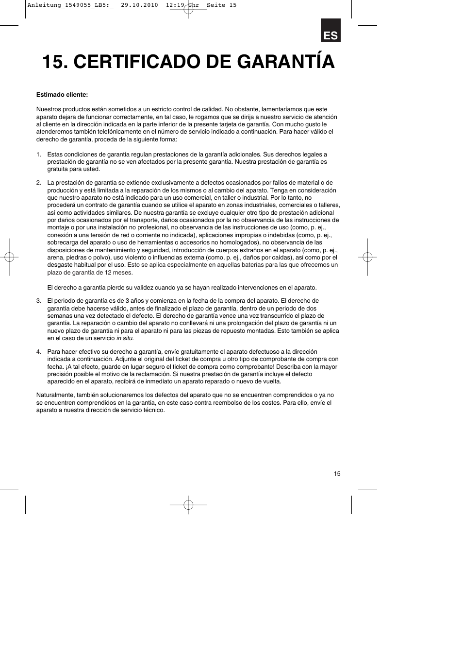 Certificado de garantía | Parkside PESG 120 A1 User Manual | Page 15 / 60