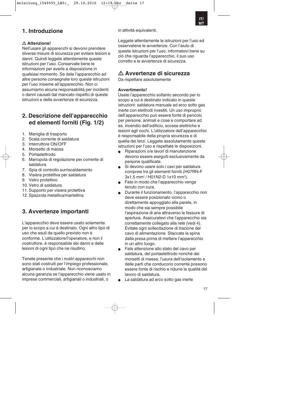 Introduzione, Avvertenze importanti, Ƽ avvertenze di sicurezza | Parkside PESG 120 A1 User Manual | Page 17 / 60