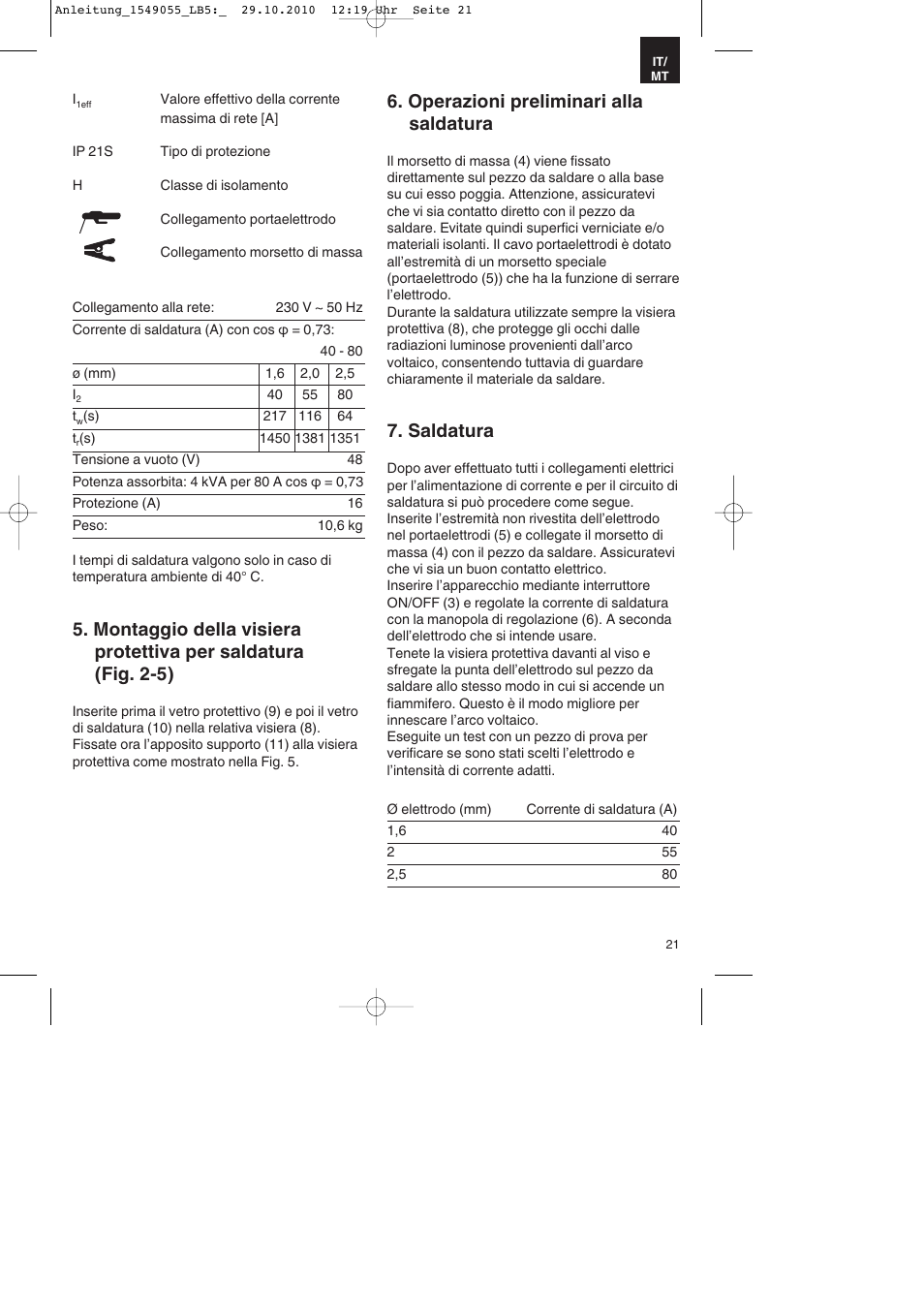 Operazioni preliminari alla saldatura, Saldatura | Parkside PESG 120 A1 User Manual | Page 21 / 60