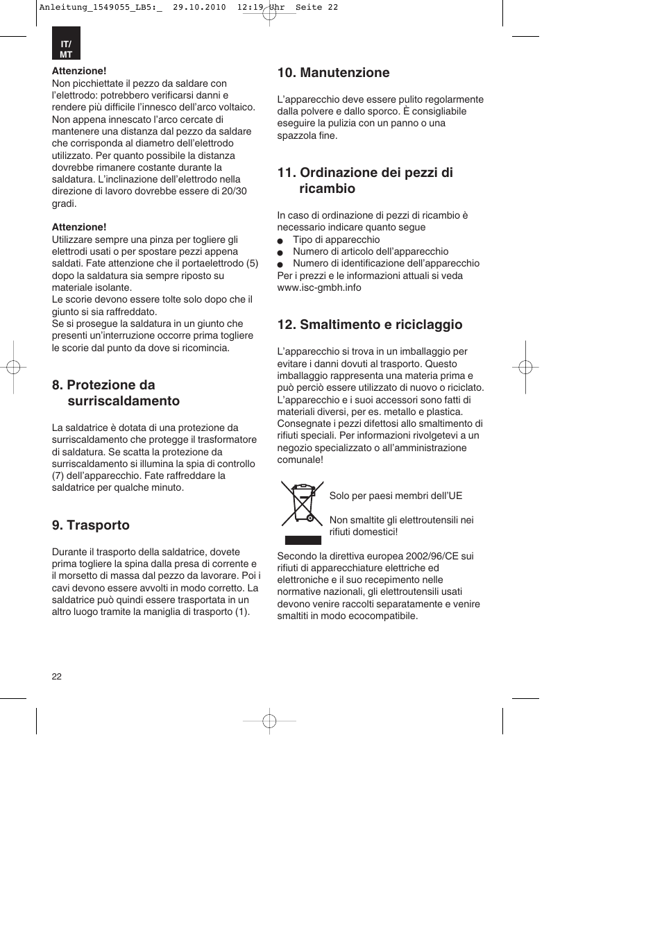 Protezione da surriscaldamento, Trasporto, Manutenzione | Ordinazione dei pezzi di ricambio, Smaltimento e riciclaggio | Parkside PESG 120 A1 User Manual | Page 22 / 60