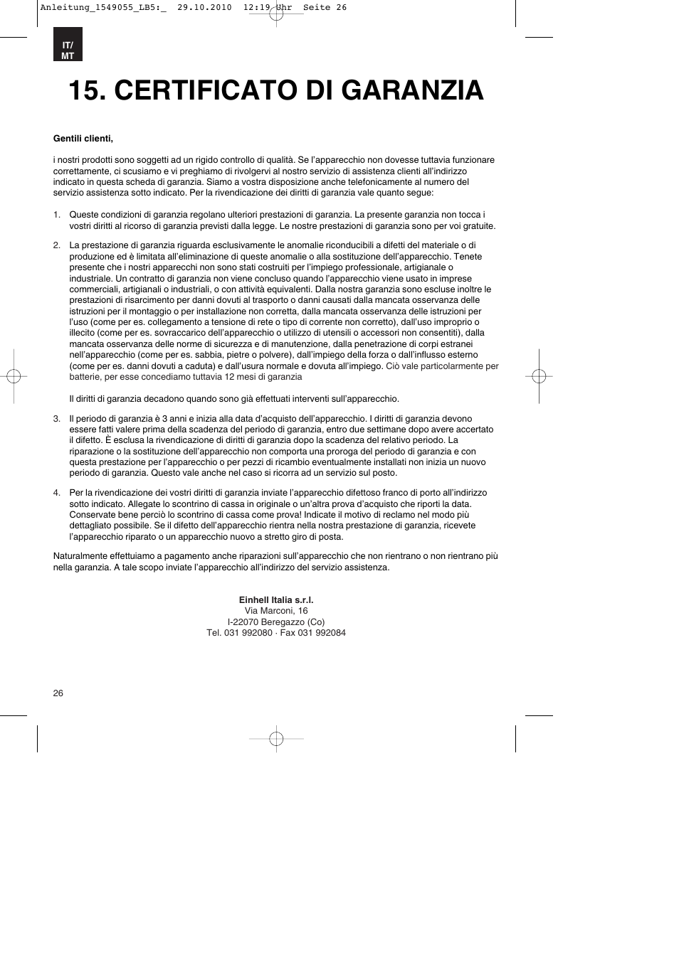 Certificato di garanzia | Parkside PESG 120 A1 User Manual | Page 26 / 60