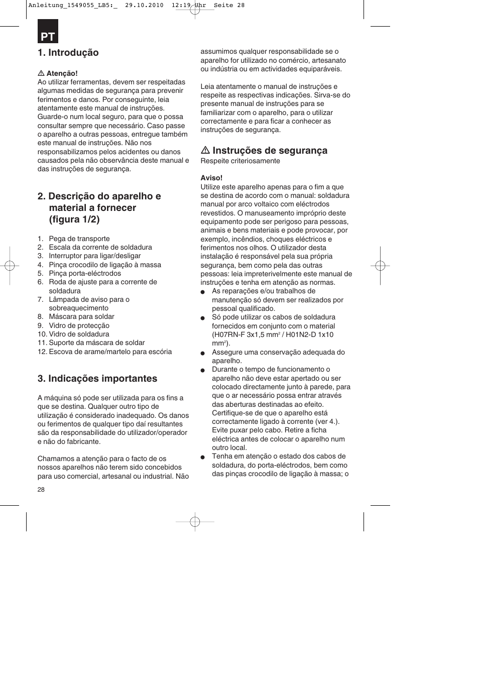 Introdução, Indicações importantes, Ƽ instruções de segurança | Parkside PESG 120 A1 User Manual | Page 28 / 60