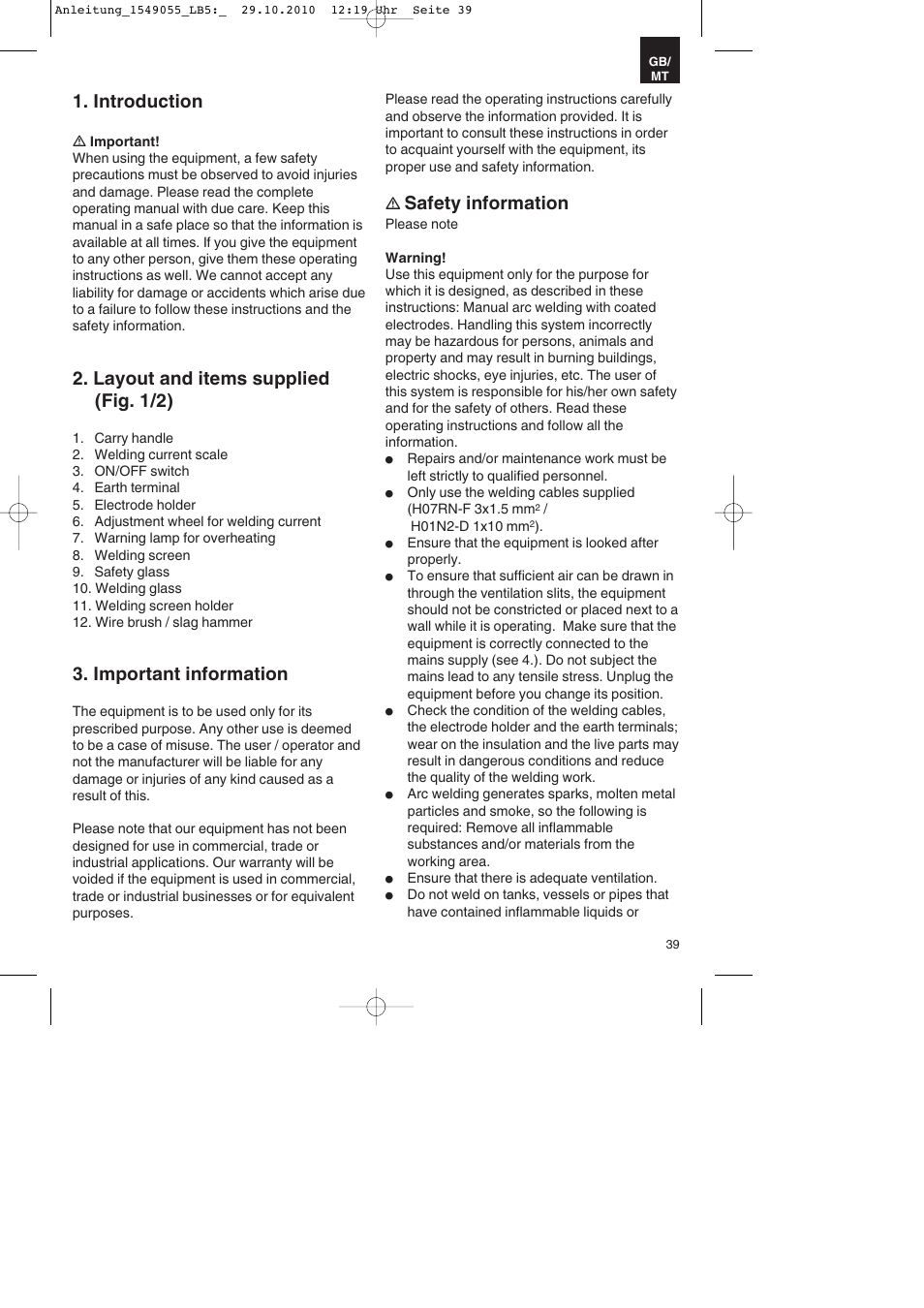 Introduction, Layout and items supplied (fig. 1/2), Important information | Safety information | Parkside PESG 120 A1 User Manual | Page 39 / 60