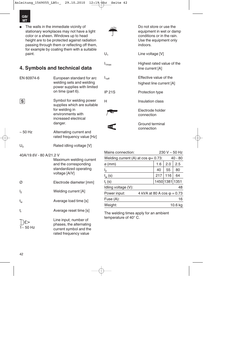 Symbols and technical data | Parkside PESG 120 A1 User Manual | Page 42 / 60