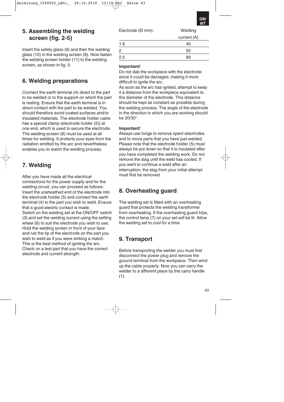 Assembling the welding screen (fig. 2-5), Welding preparations, Welding | Overheating guard, Transport | Parkside PESG 120 A1 User Manual | Page 43 / 60