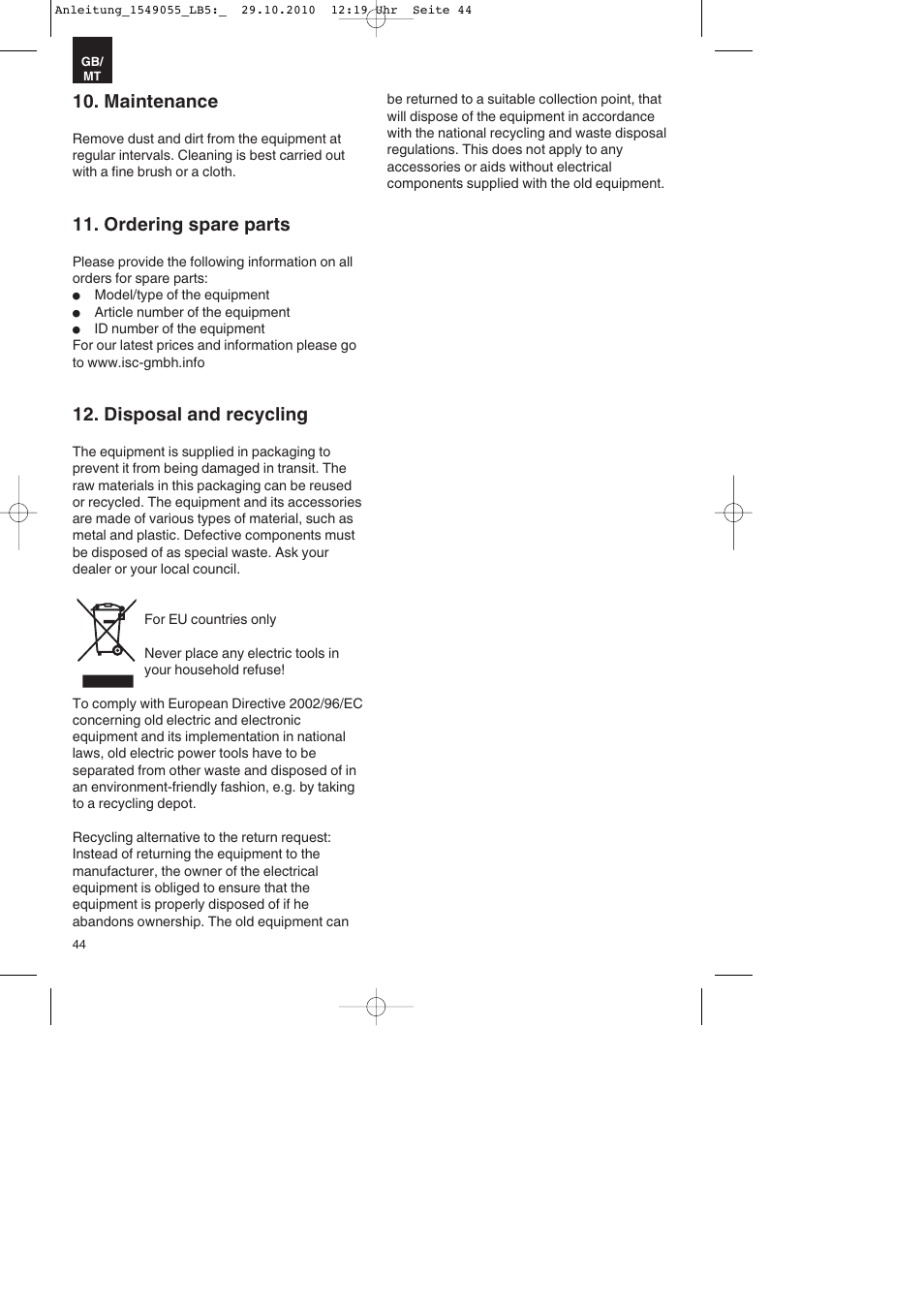 Maintenance, Ordering spare parts, Disposal and recycling | Parkside PESG 120 A1 User Manual | Page 44 / 60