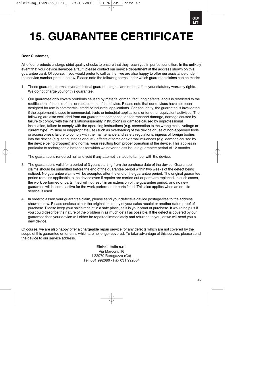 Guarantee certificate | Parkside PESG 120 A1 User Manual | Page 47 / 60